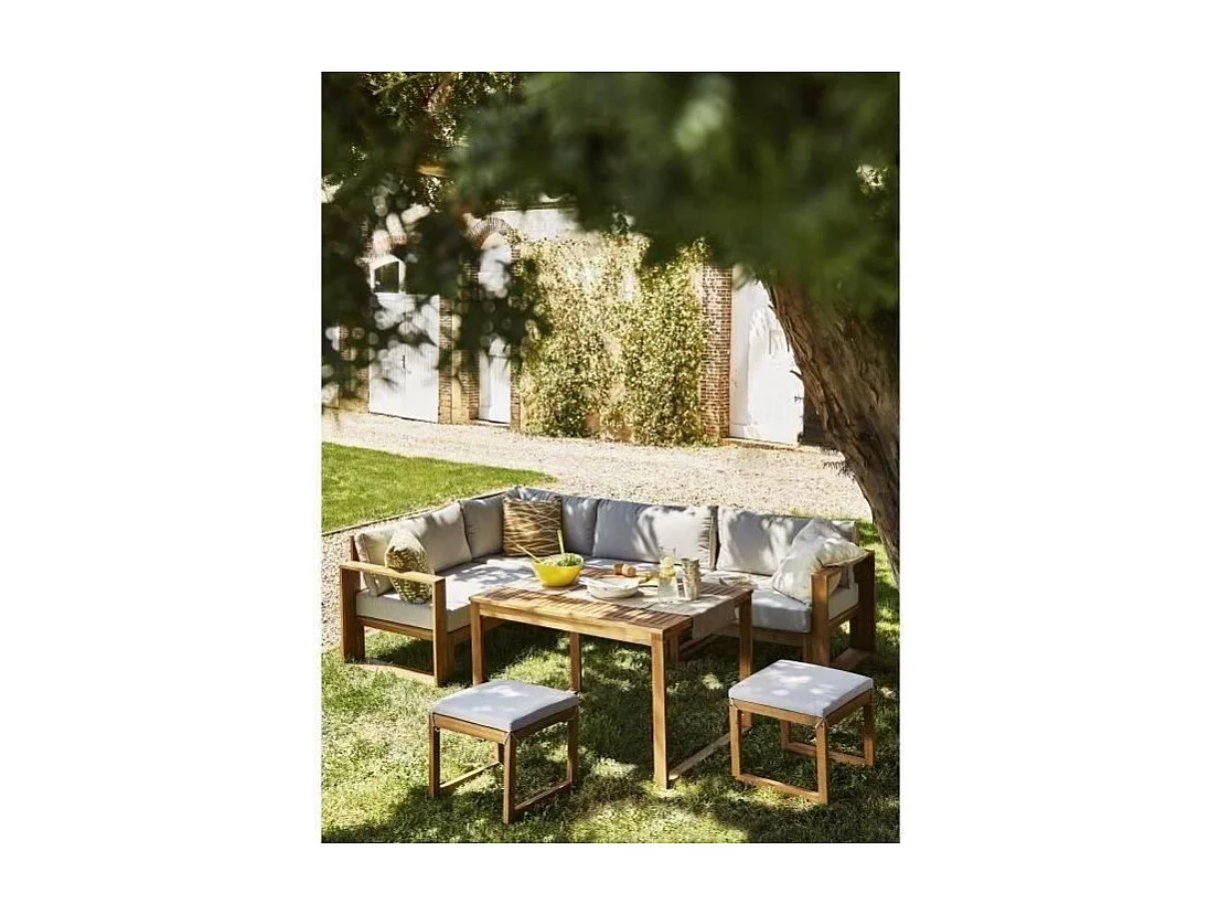 Salon de jardin en bois dAcacia FSC avec coussins + housse de protection - 7 personnes - Levata - Gris