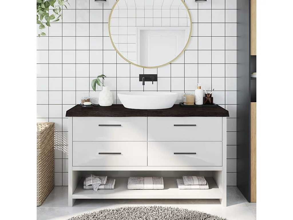 Comptoir de salle de bain marron foncé bois massif traité