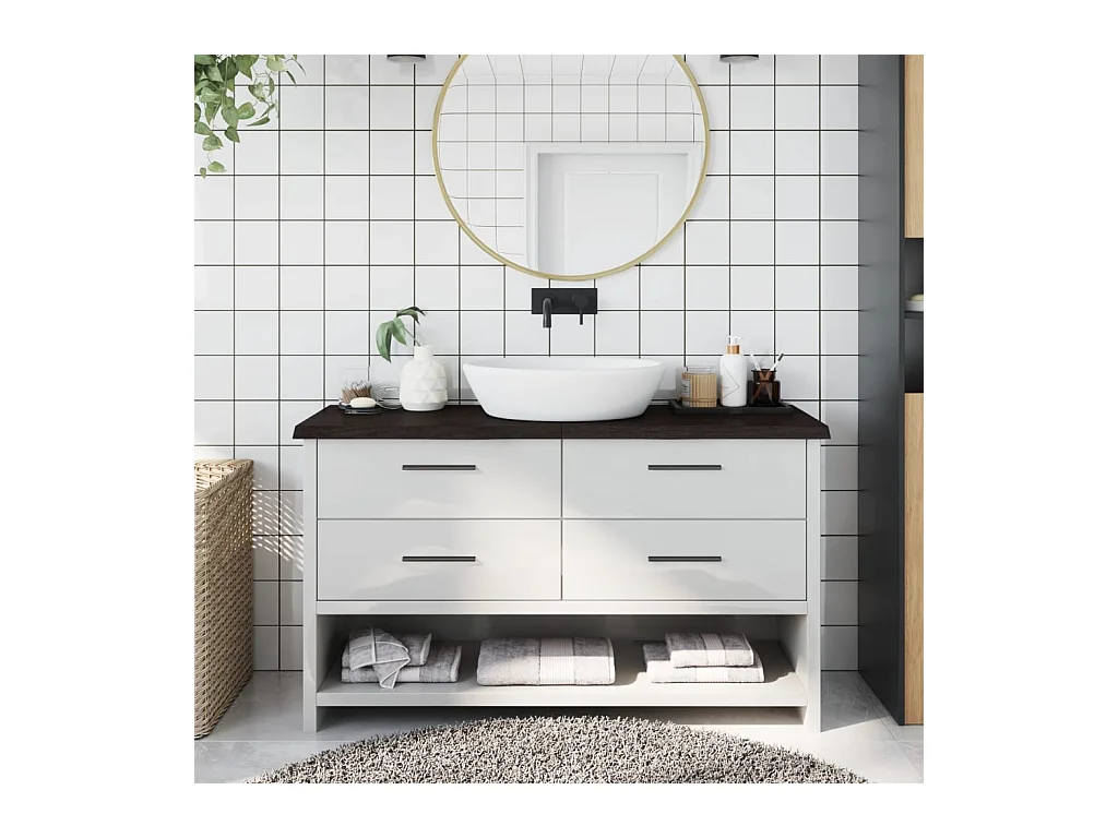 Comptoir de salle de bain marron foncé bois massif traité