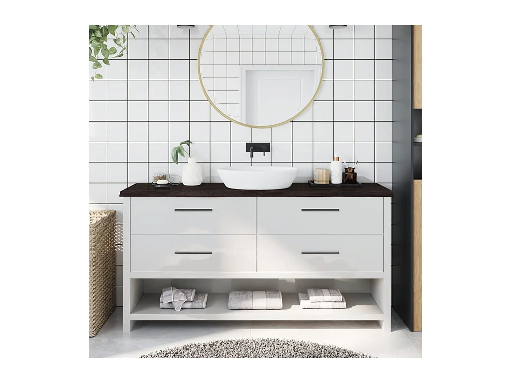 Comptoir de salle de bain marron foncé bois massif traité