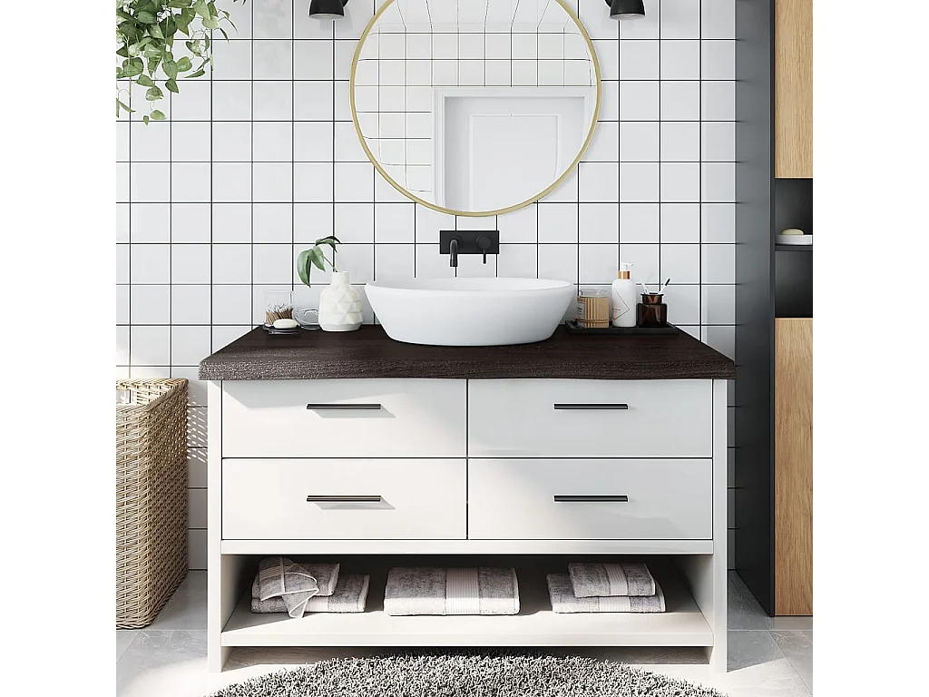 Piano di lavoro del bagno in legno massello trattato marrone scuro