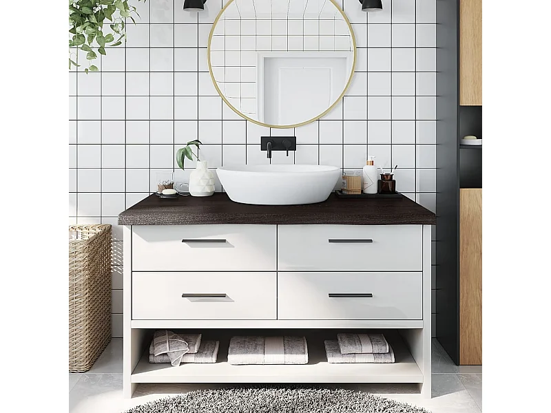 Comptoir de salle de bain marron foncé bois massif traité