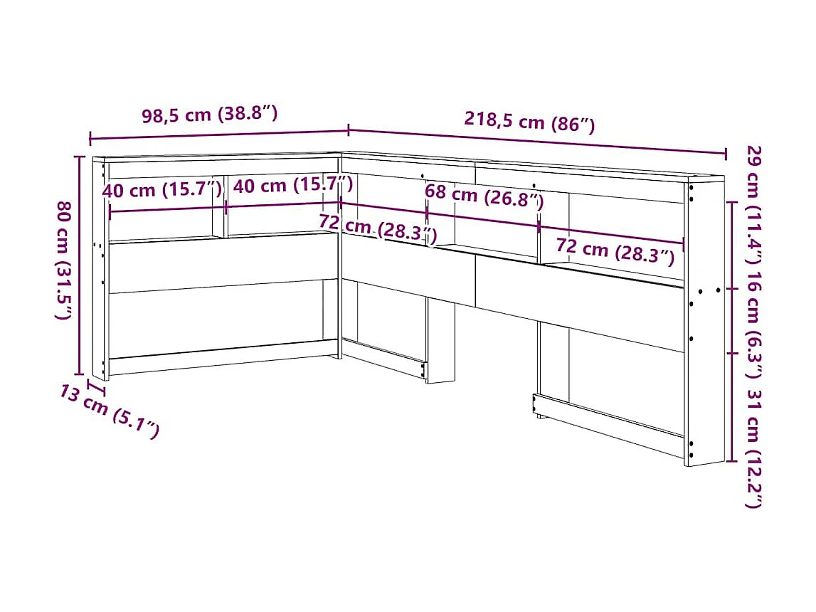 Cabecero de librería en forma de L de madera maciza de pino