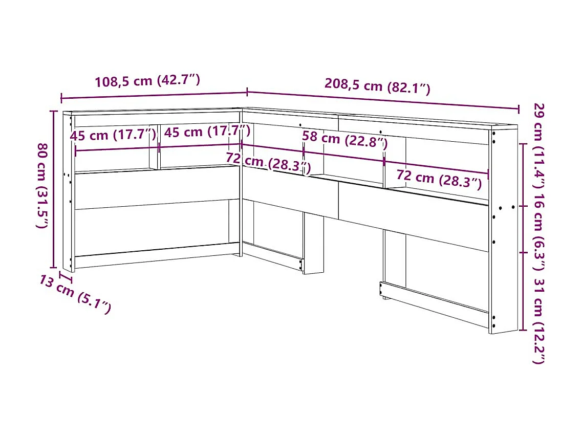 L-förmiges Bücherregal-Kopfteil aus massivem Kiefernholz