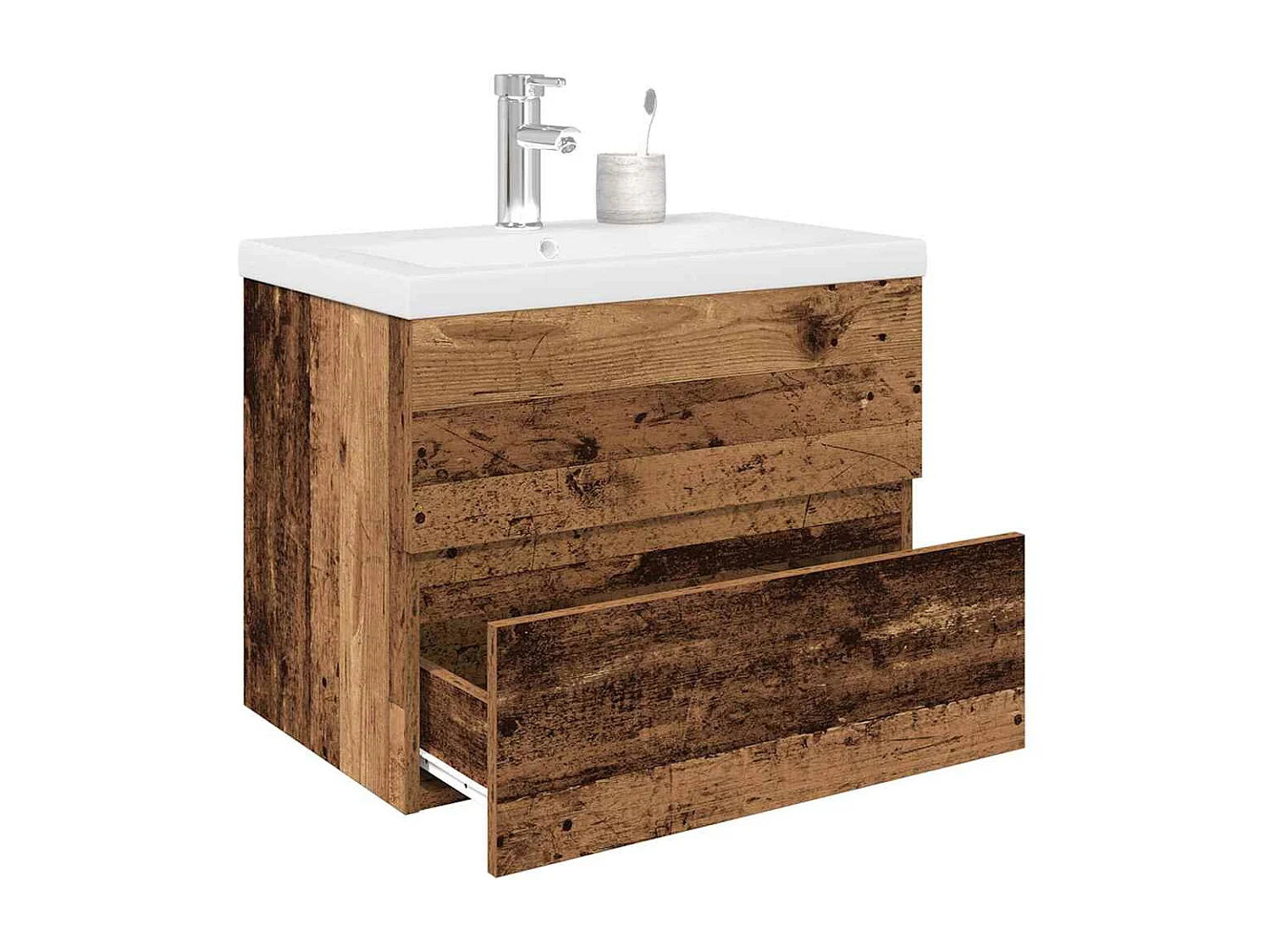 Meuble lavabo avec bassin et robinet intégrés vieux bois