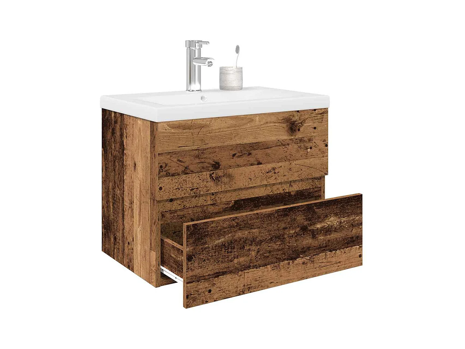 Mobile lavabo con vasca integrata e rubinetto in legno vecchio