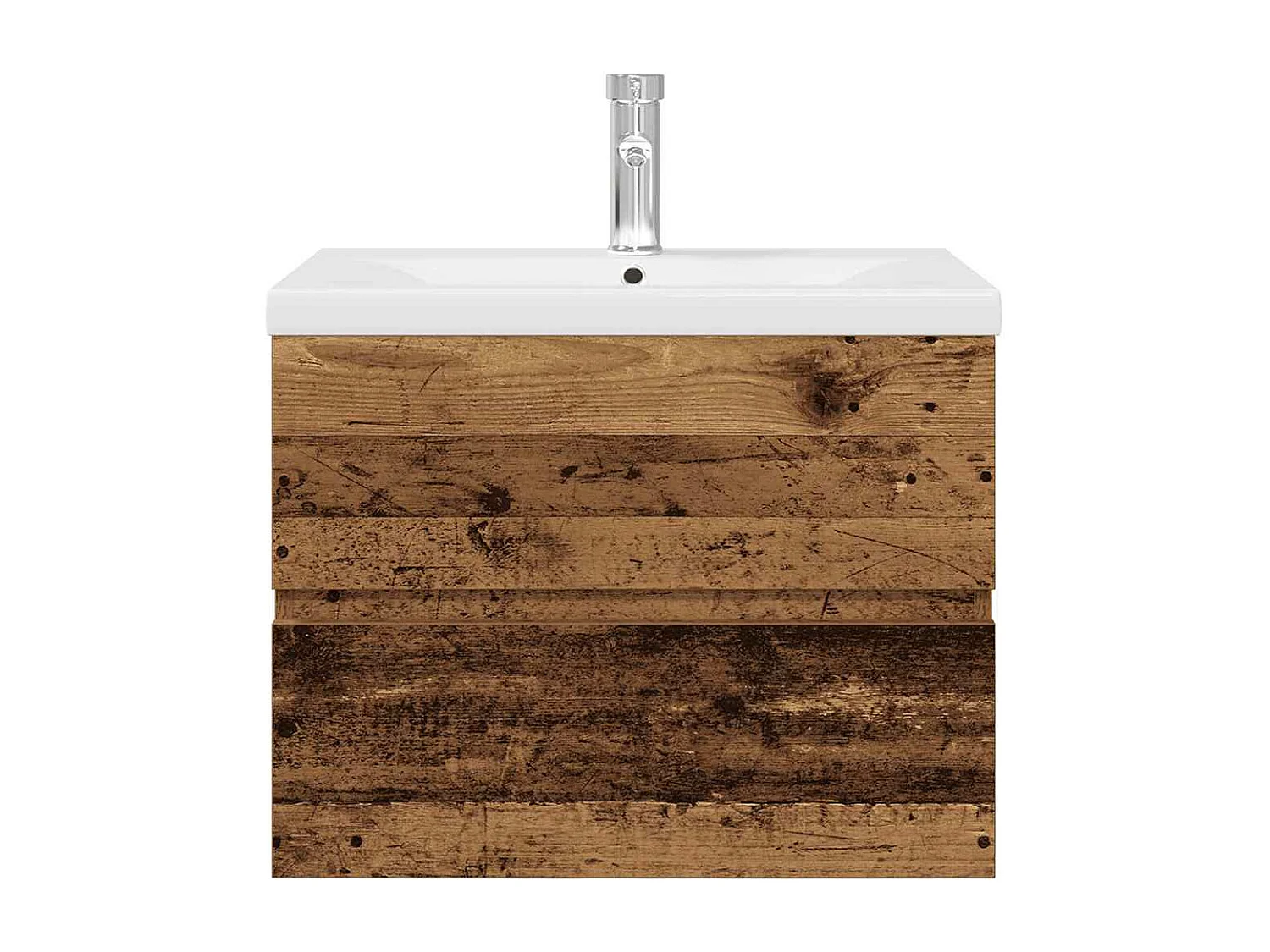 Mobile lavabo con vasca integrata e rubinetto in legno vecchio