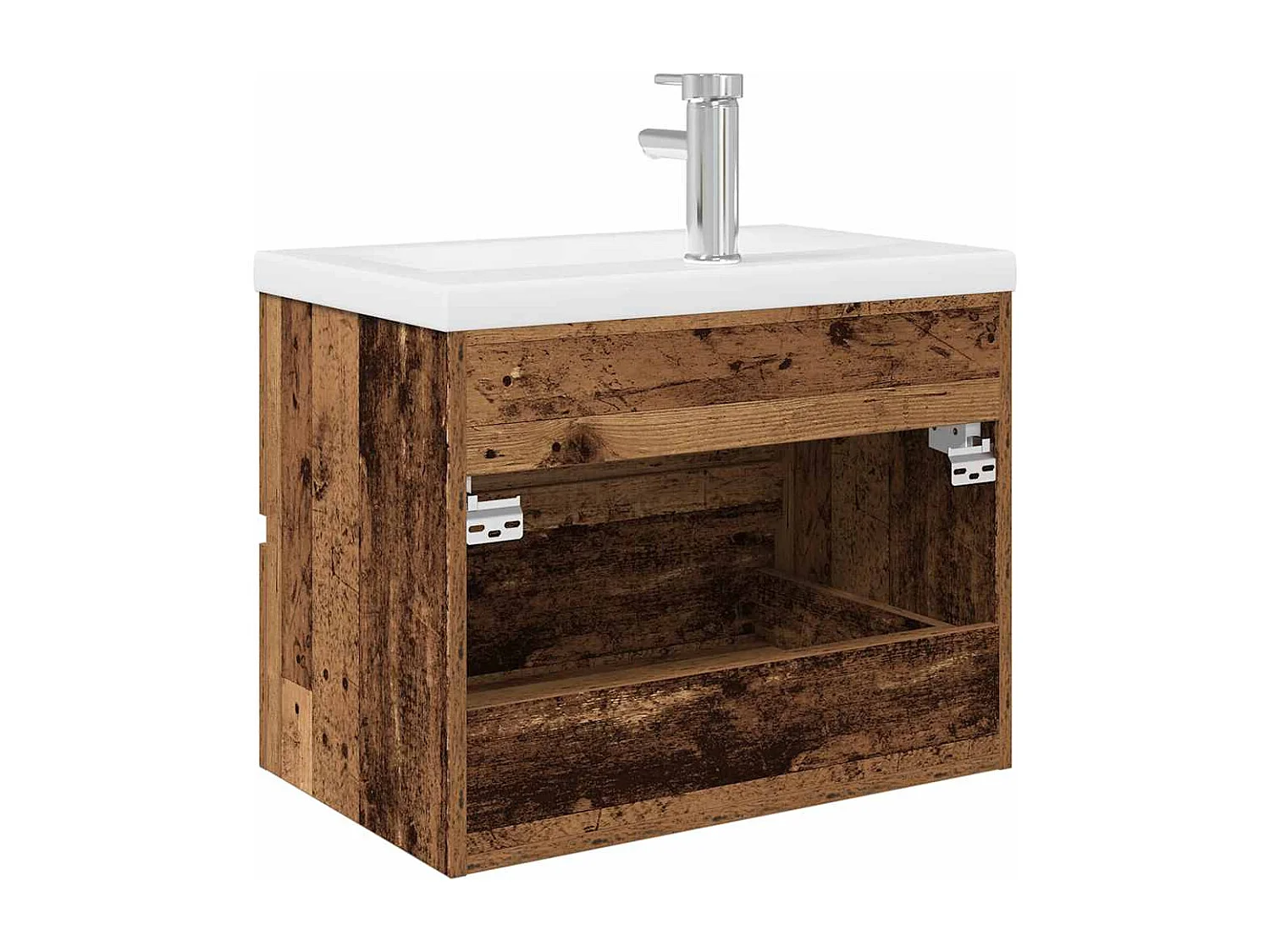 Mobile lavabo con vasca integrata e rubinetto in legno vecchio