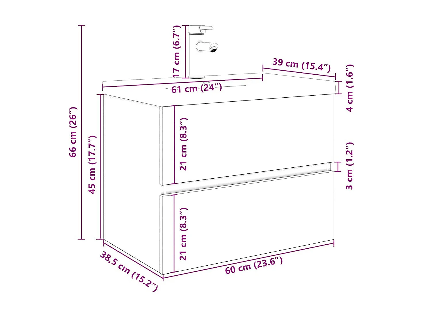 Mobile lavabo con vasca integrata e rubinetto in legno vecchio
