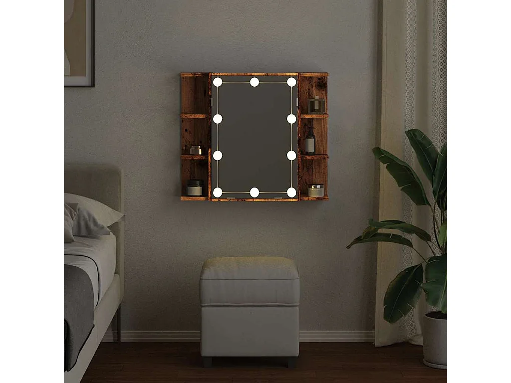 Mobiletto a specchio con LED legno vecchio 70x16,5x60 cm