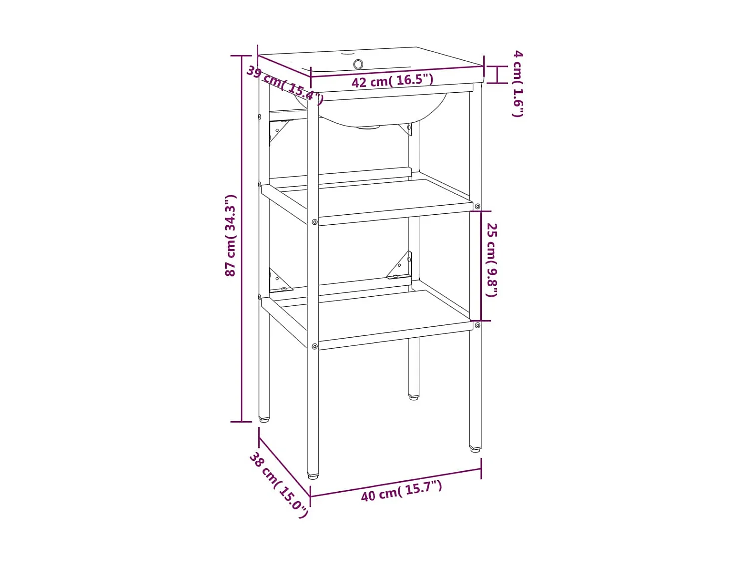Telaio per lavabo da bagno sottotop in ferro bianco