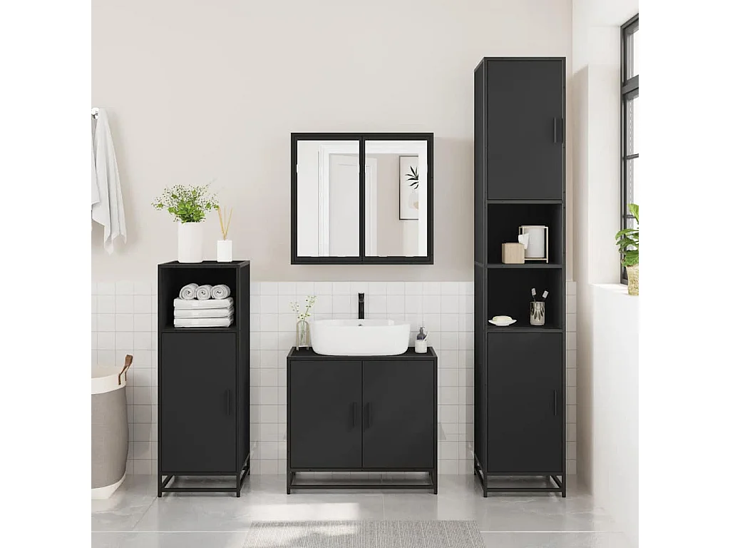 Mueble de baño con espejo de madera de ingeniería negra