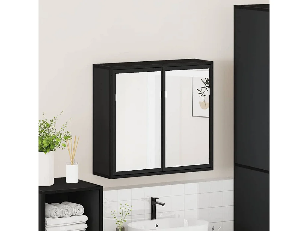Mueble de baño con espejo de madera de ingeniería negra