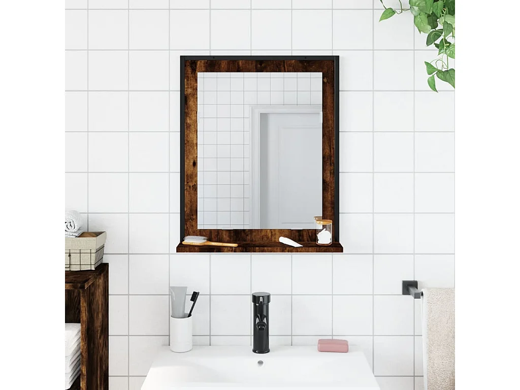Miroir de salle de bain et étagère chêne fumé bois d’ingénierie