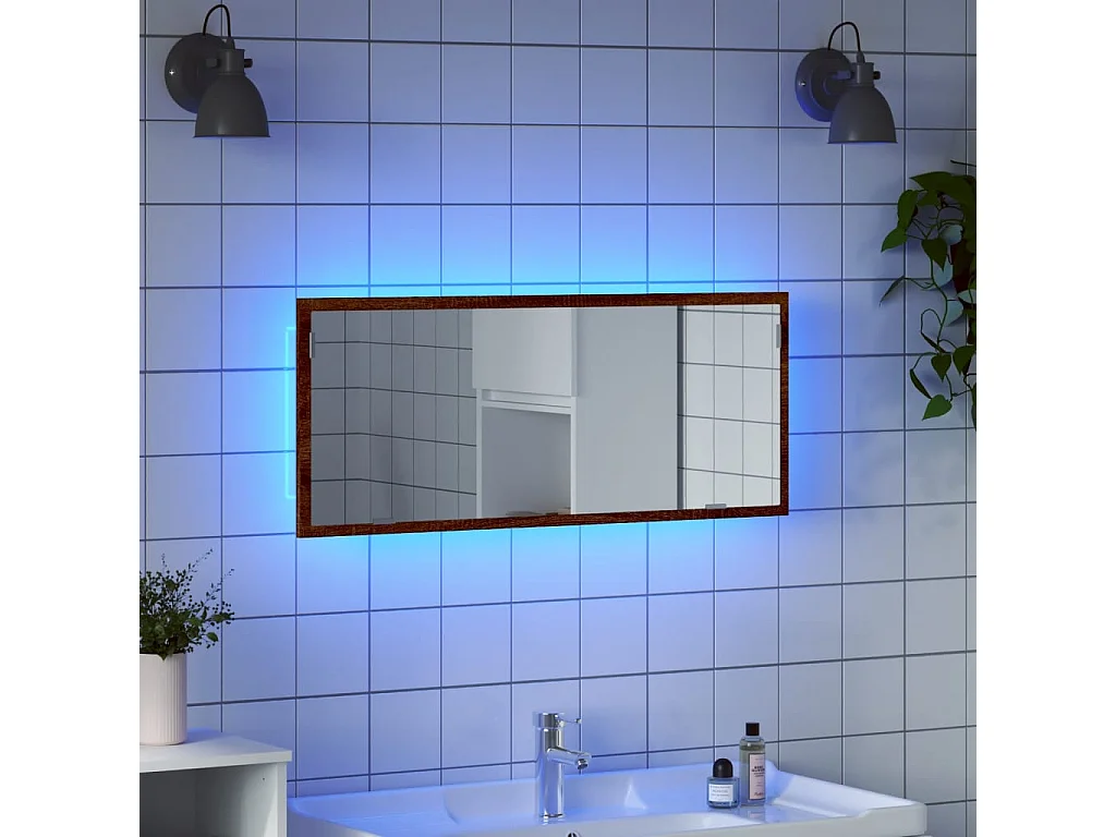 Miroir de salle de bain à LED chêne marron bois d'ingénierie