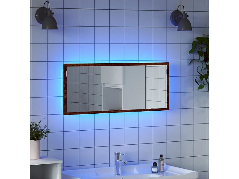 Specchio da bagno a LED in rovere marrone, legno ingegnerizzato
