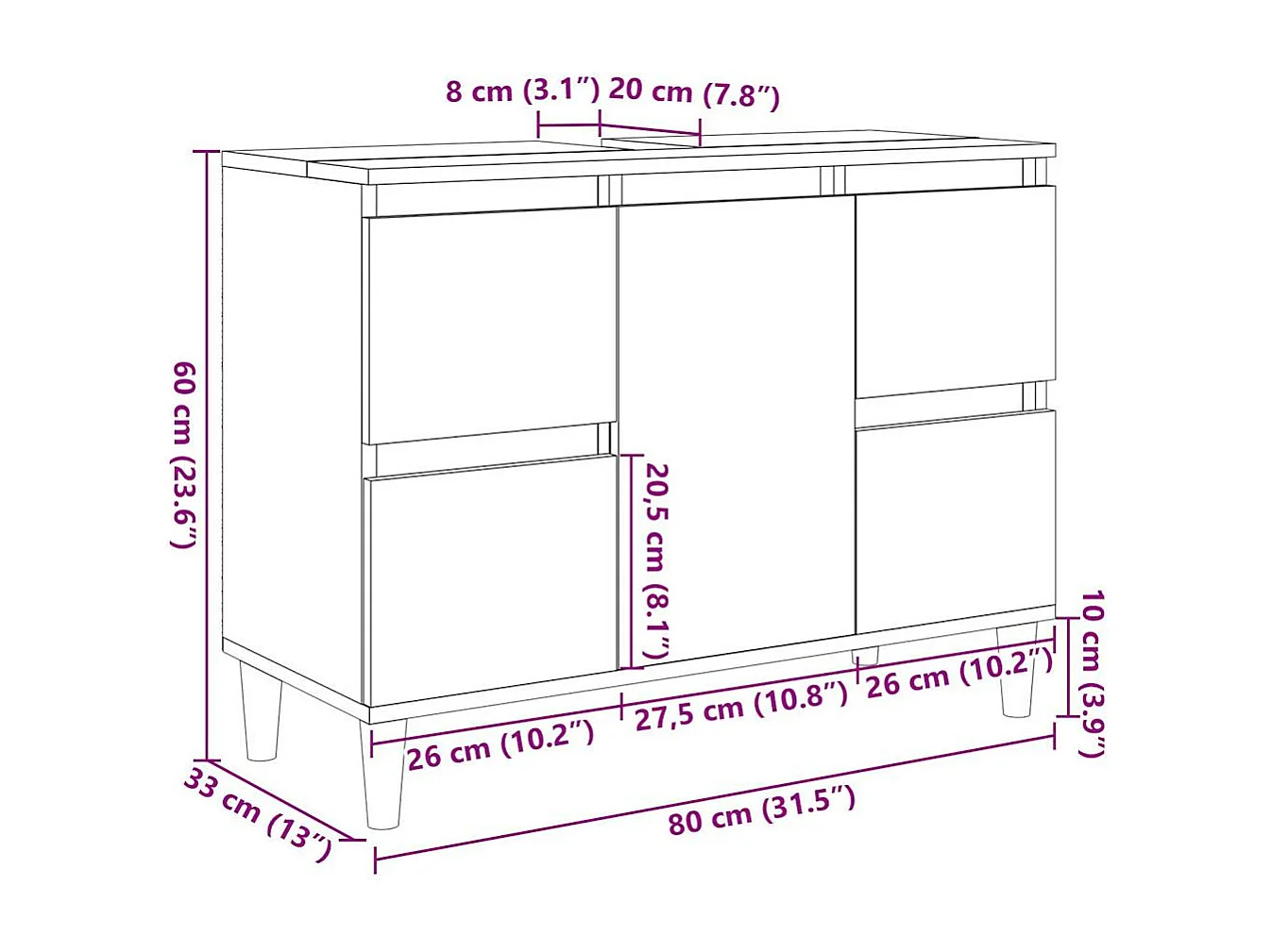 Mueble lavabo roble craft 80x33x60 cm madera de ingeniería