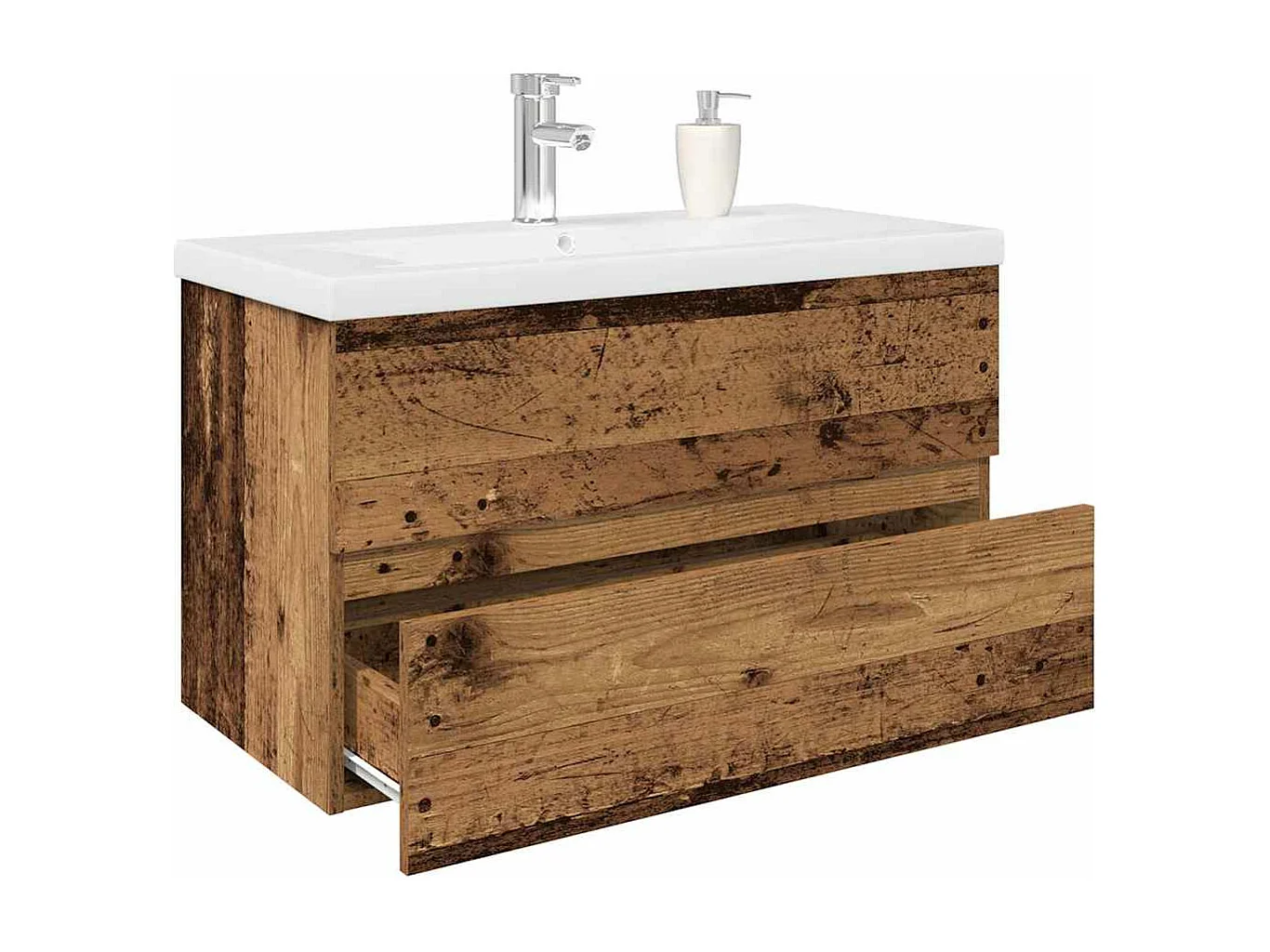 Mueble lavabo con lavabo integrado y grifería madera antigua