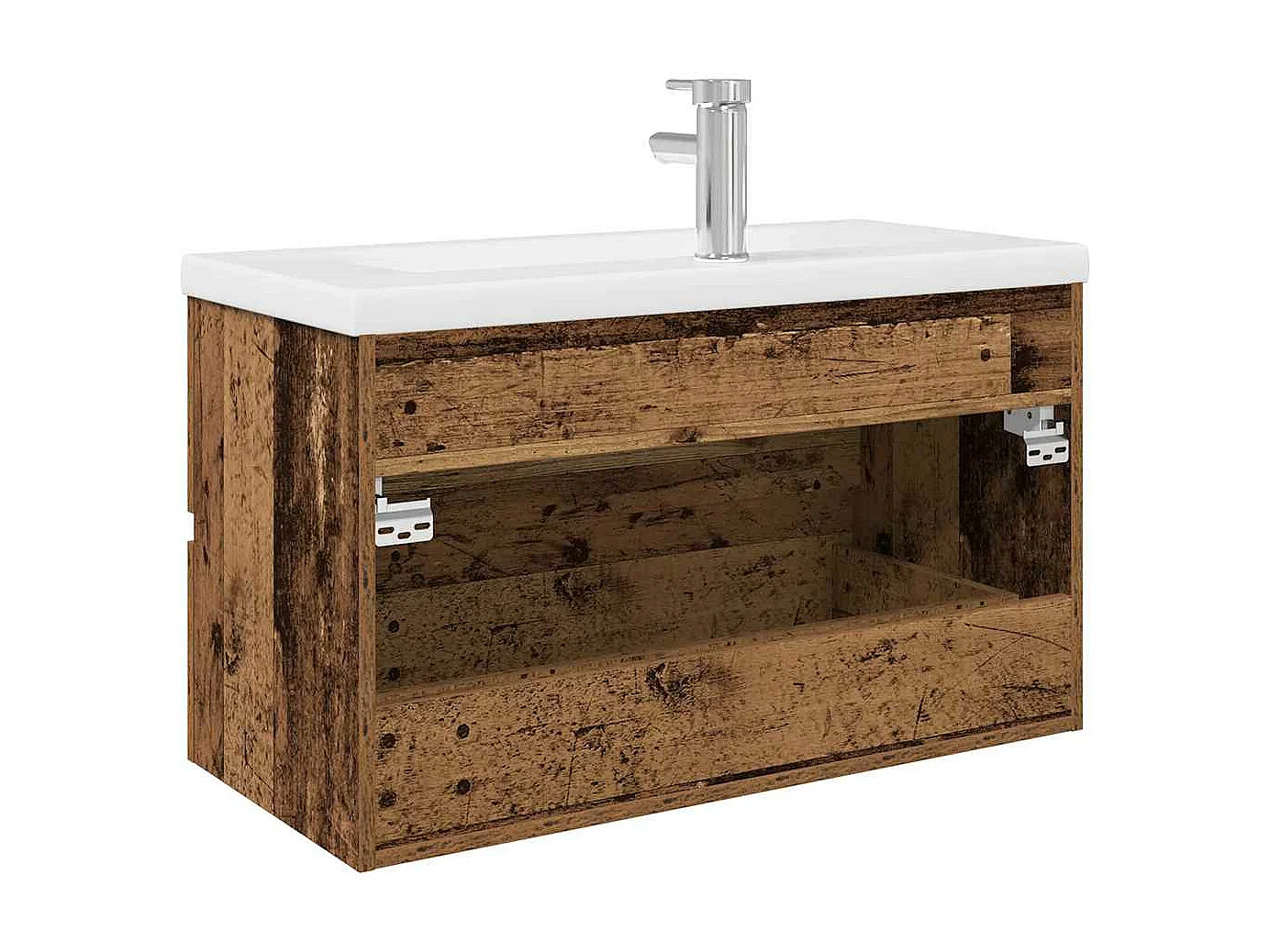 Mueble lavabo con lavabo integrado y grifería madera antigua