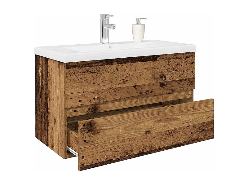 Mueble lavabo con lavabo integrado y grifería madera antigua