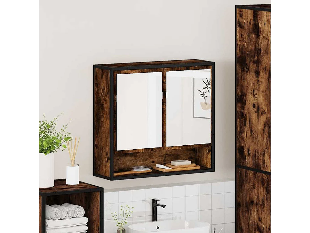 Mobiletto per il bagno con specchio in legno ingegnerizzato rovere affumicato