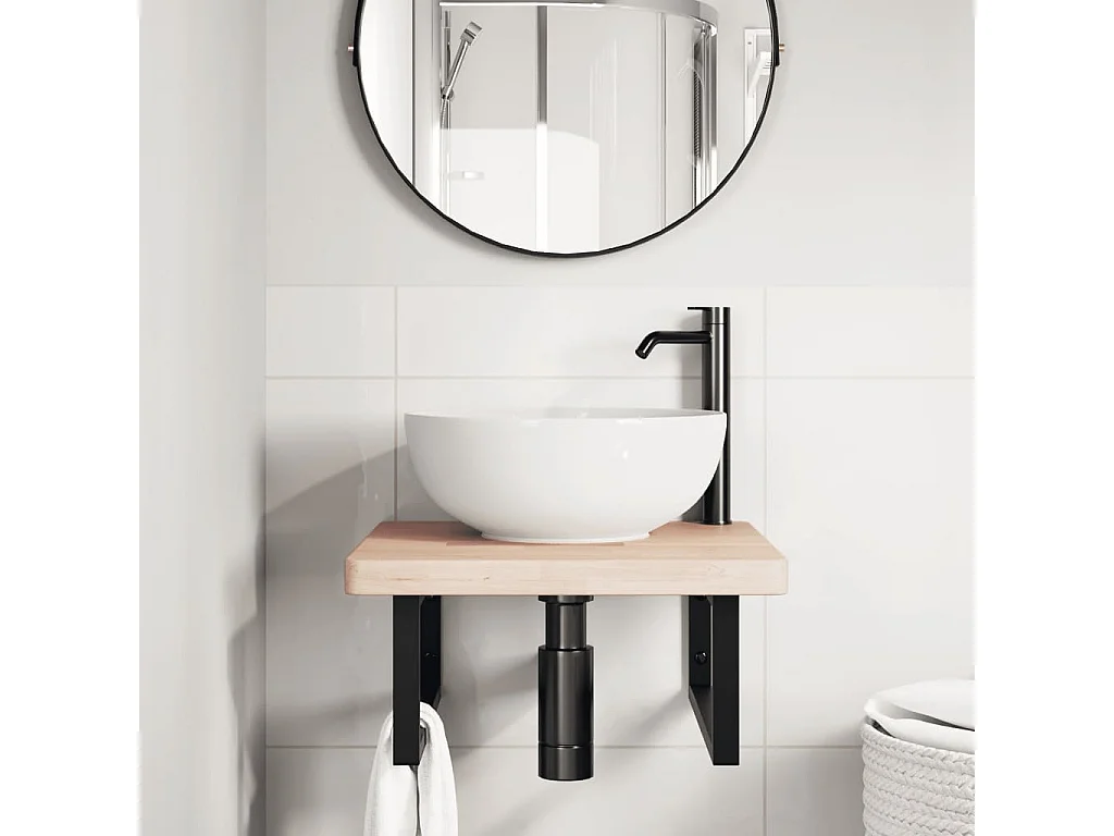 mensola per lavabo a parete in acciaio e legno massello di rovere