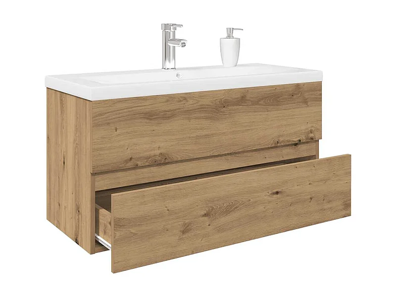 Waschbeckenunterschrank mit integriertem Waschbecken und Wasserhahn, handgefertigte Eiche