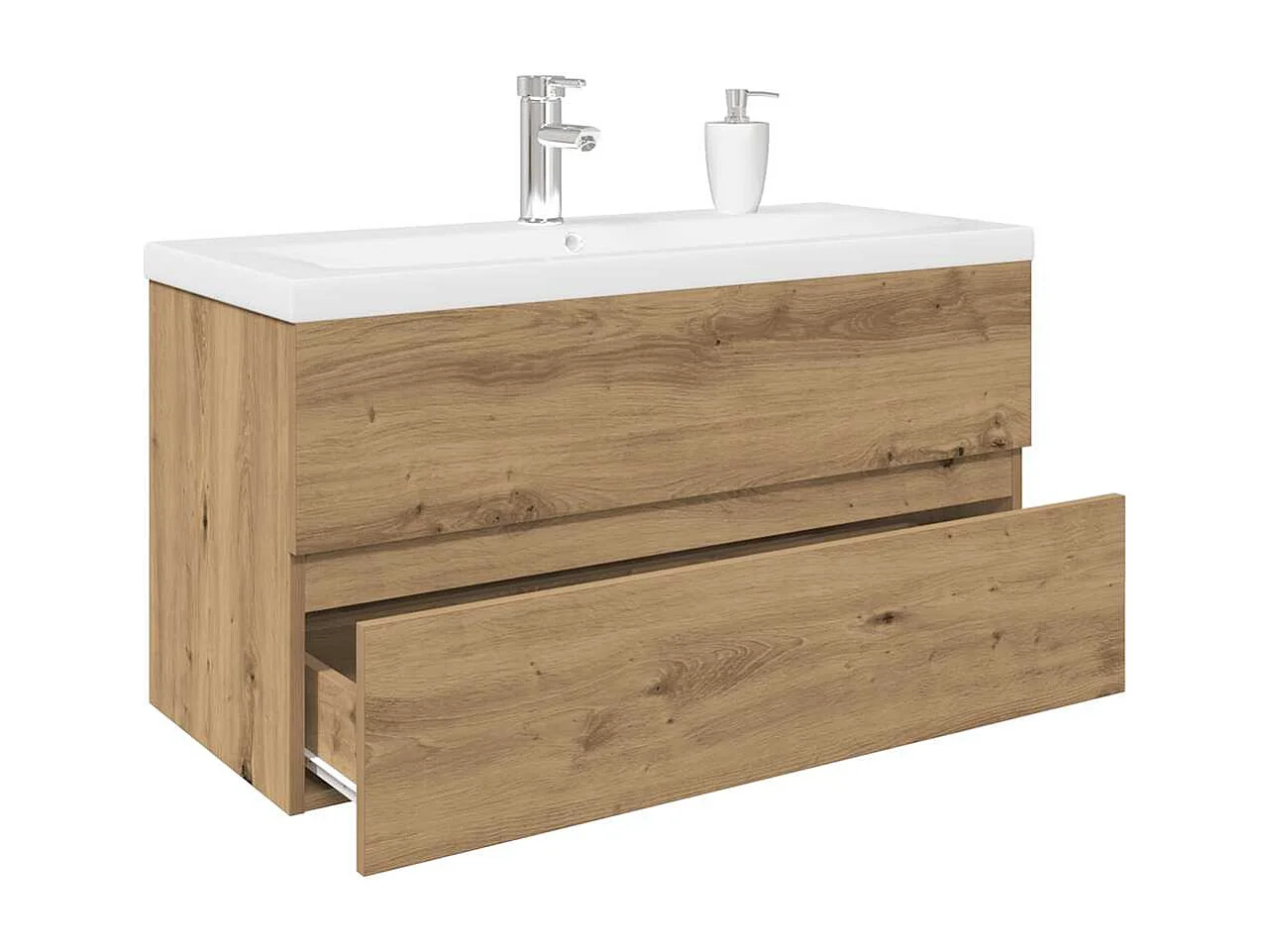 Mobile lavabo con vasca e rubinetto integrati, rovere lavorato a mano