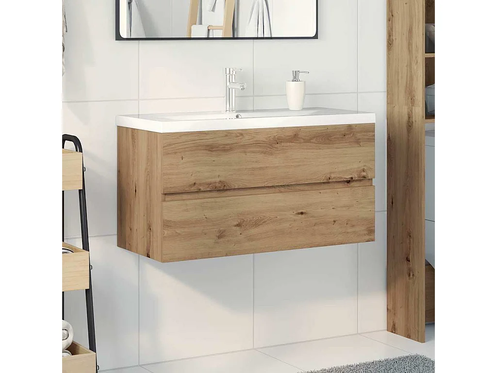 Mobile lavabo con vasca e rubinetto integrati, rovere lavorato a mano