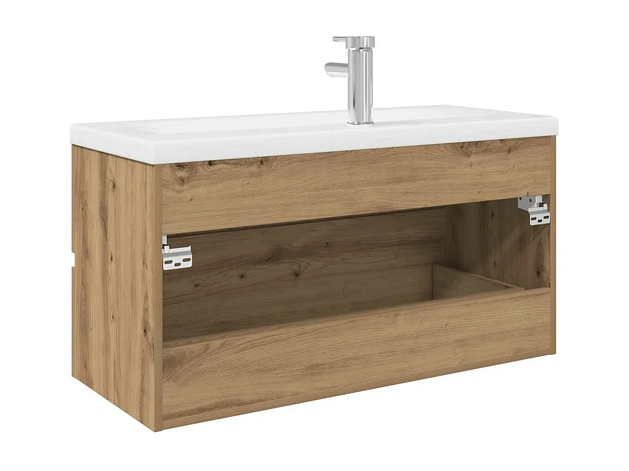 Mobile lavabo con vasca e rubinetto integrati, rovere lavorato a mano