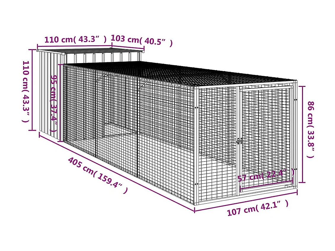 Gallinero con patio gris claro 110x405x110 cm acero galvanizado