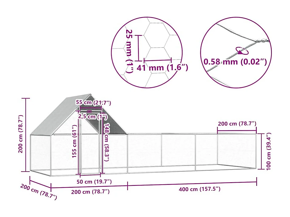 Poulailler 6 x 2 x 2 m Acier galvanisé