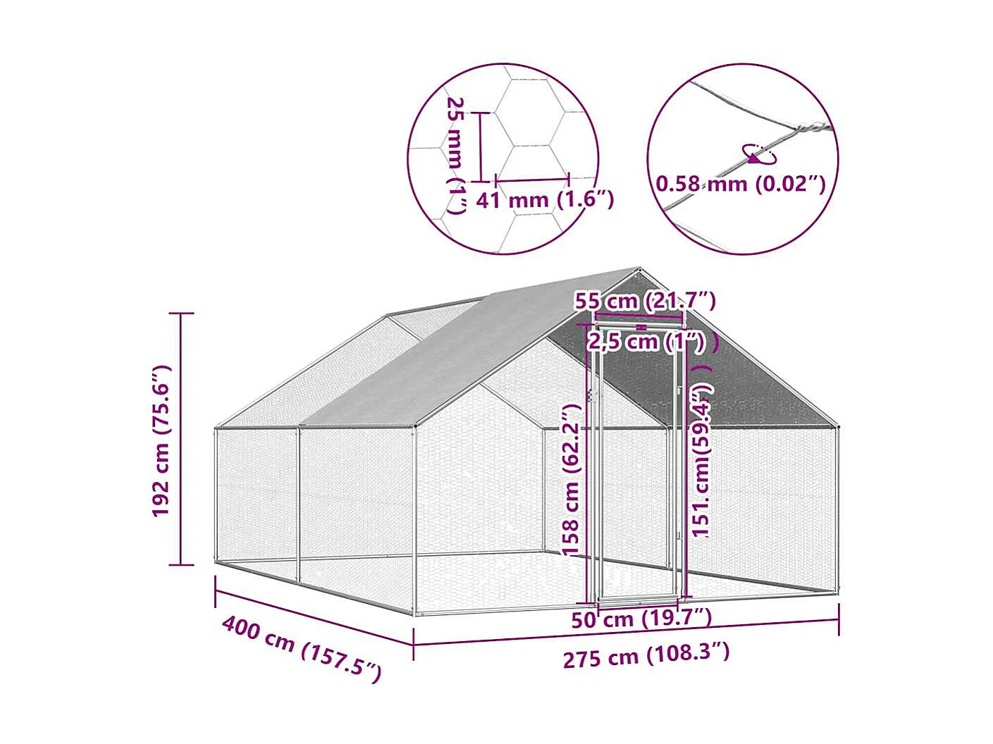 Gallinero exterior 2,75 x 4 x 1,92 m Acero galvanizado