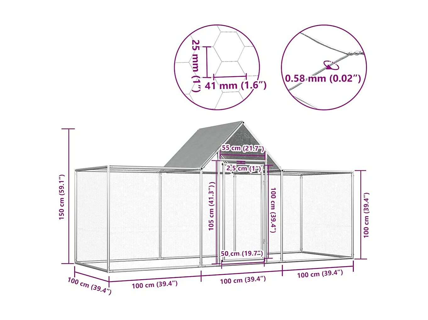 Poulailler 3 x 1 x 1,5 m Acier galvanisé