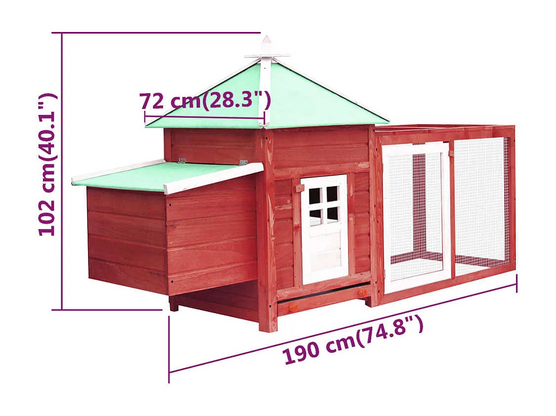 Kippenhok met nestkast Rood 190x72x102cm Massief dennenhout
