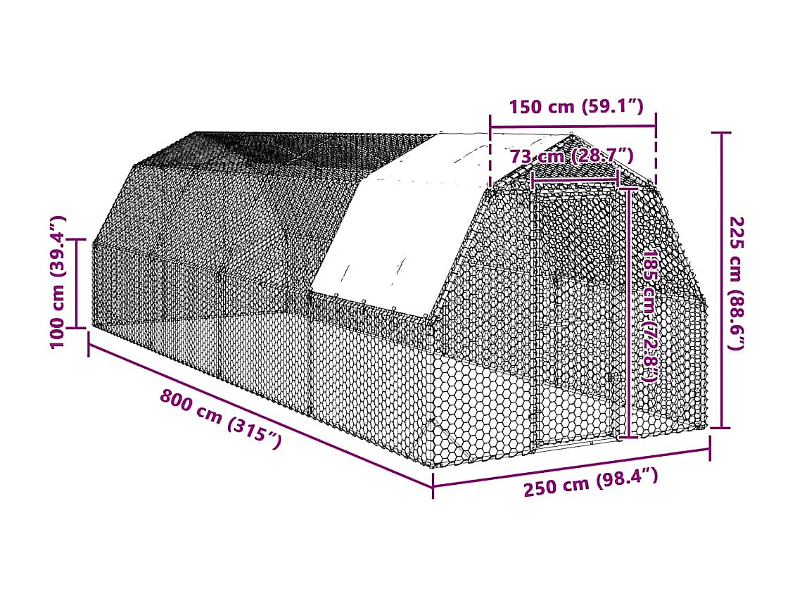 Poulailler avec toit 2,5x8x2,25 m acier galvanisé