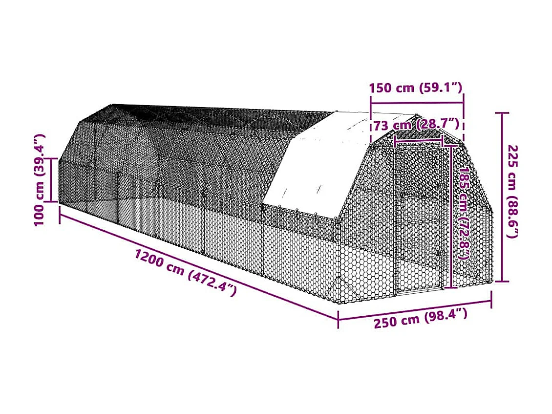 Pollaio con tetto 2,5x12x2,25 m in acciaio zincato
