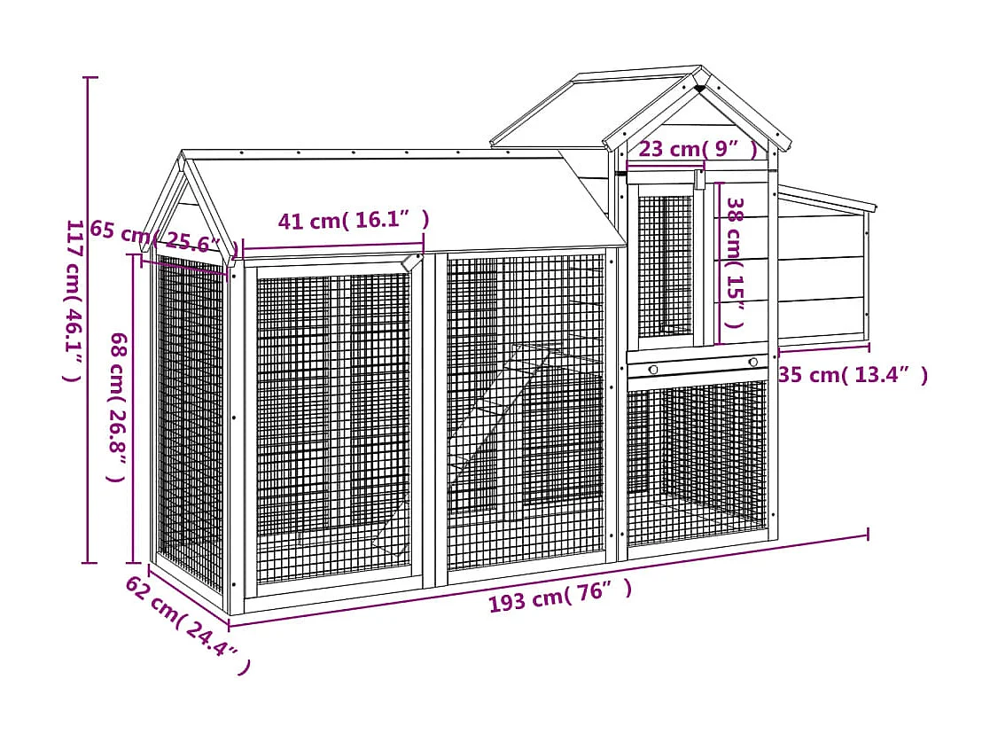 Poulailler marron 193x65x117 cm bois massif de pin