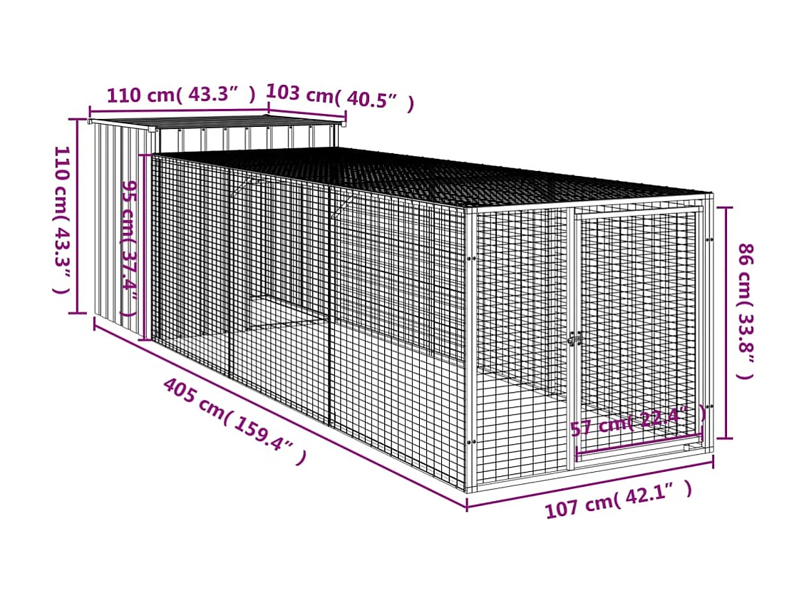 Gallinero con patio antracita 110x405x110 cm acero galvanizado