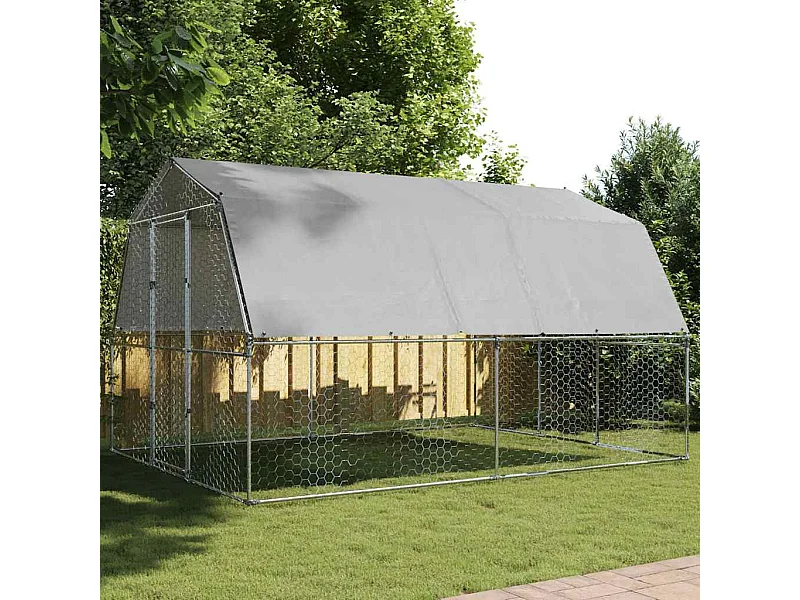 Cage à poules avec toit et porte argenté acier galvanisé