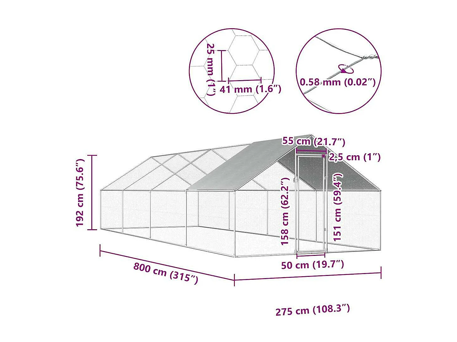 Galinheiro externo 2,75 x 8 x 1,92 m Aço galvanizado
