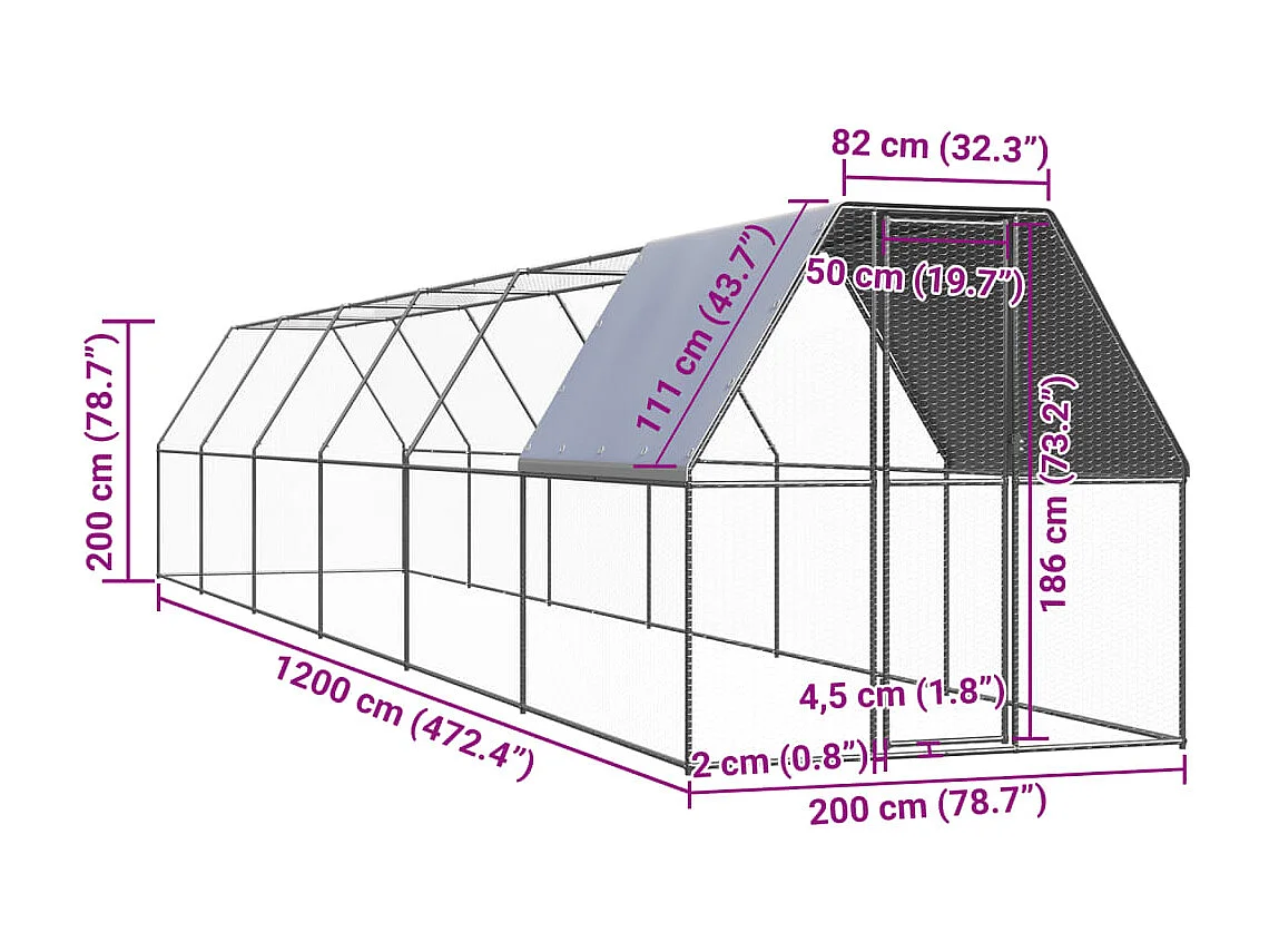 Pollaio da esterno 2x12x2 m Acciaio zincato