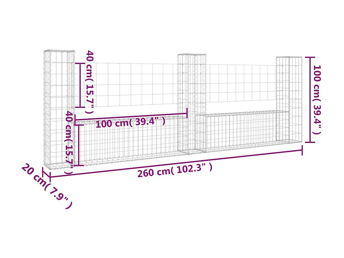 Panier de gabion en forme de U avec 3 poteaux Fer 260x20x100 cm