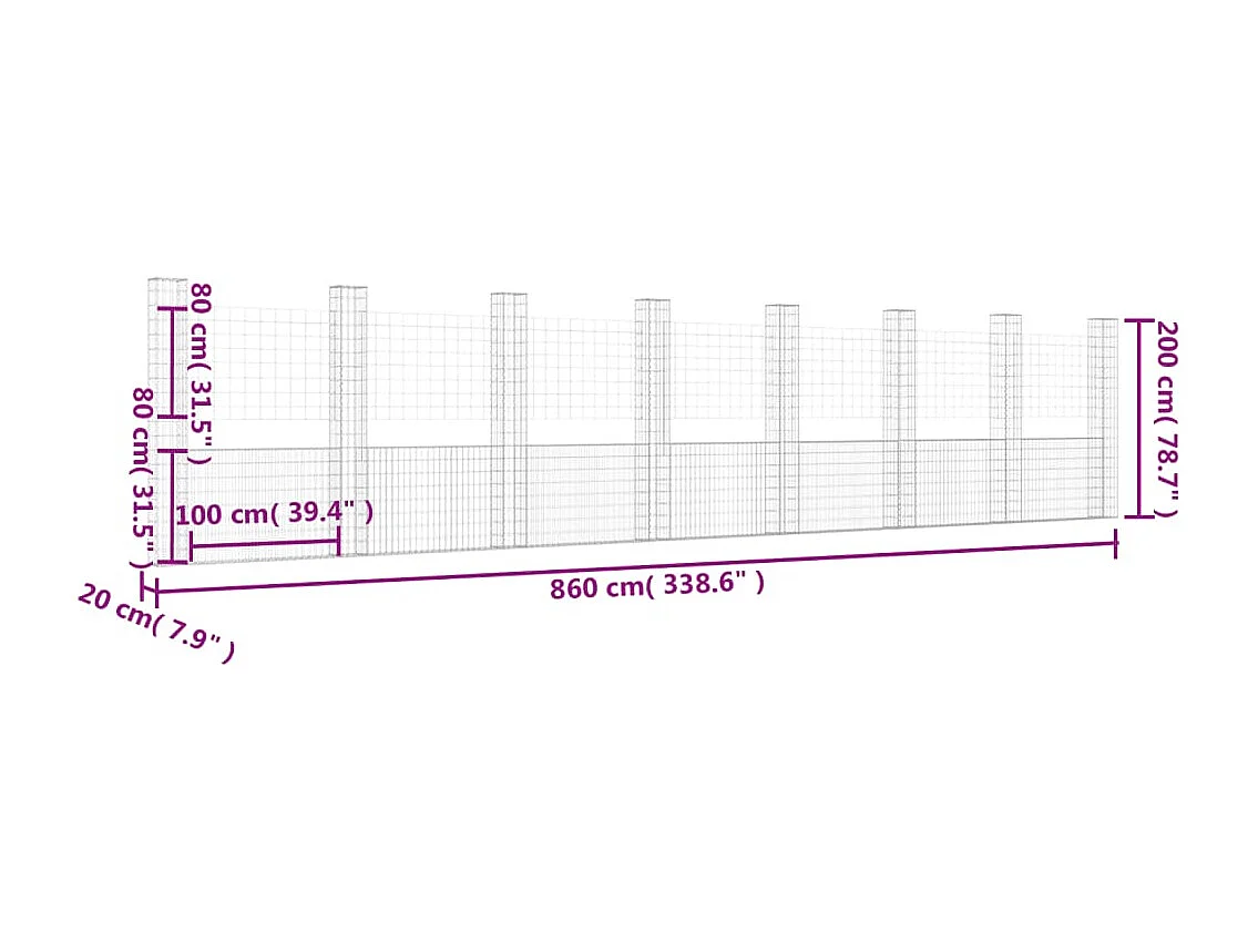 Gabbione a U con 8 pali in ferro 860x20x200 cm