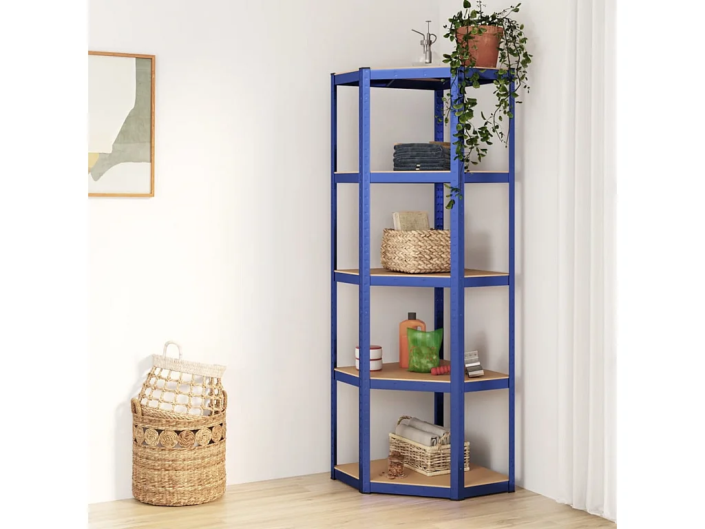 Estantería de esquina de 5 niveles de acero azul y madera de ingeniería