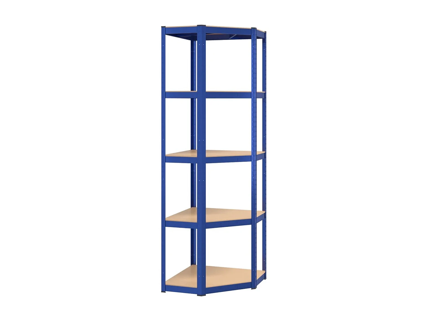 Estantería de esquina de 5 niveles de acero azul y madera de ingeniería