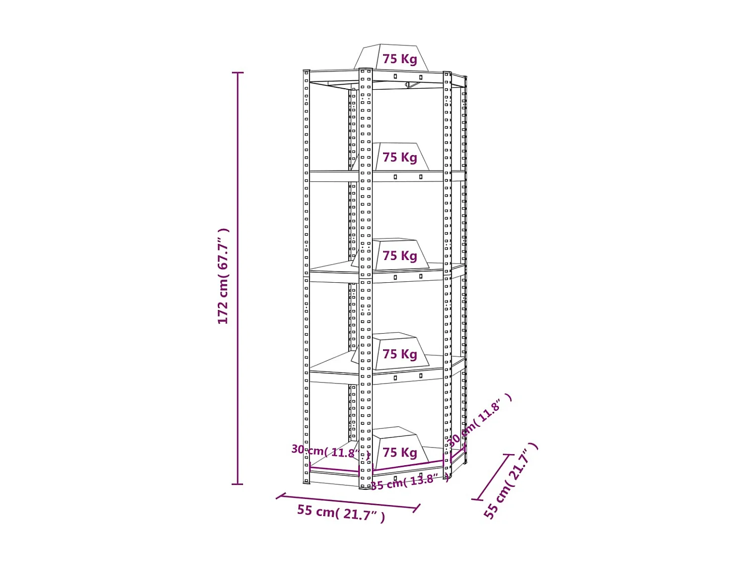 Estantería de esquina de 5 niveles de acero azul y madera de ingeniería
