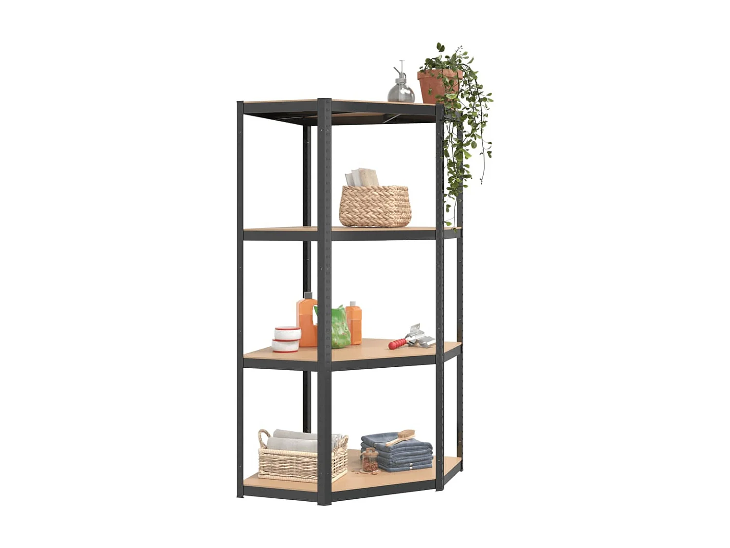 Mensola angolare a 4 ripiani in acciaio antracite e legno ingegnerizzato