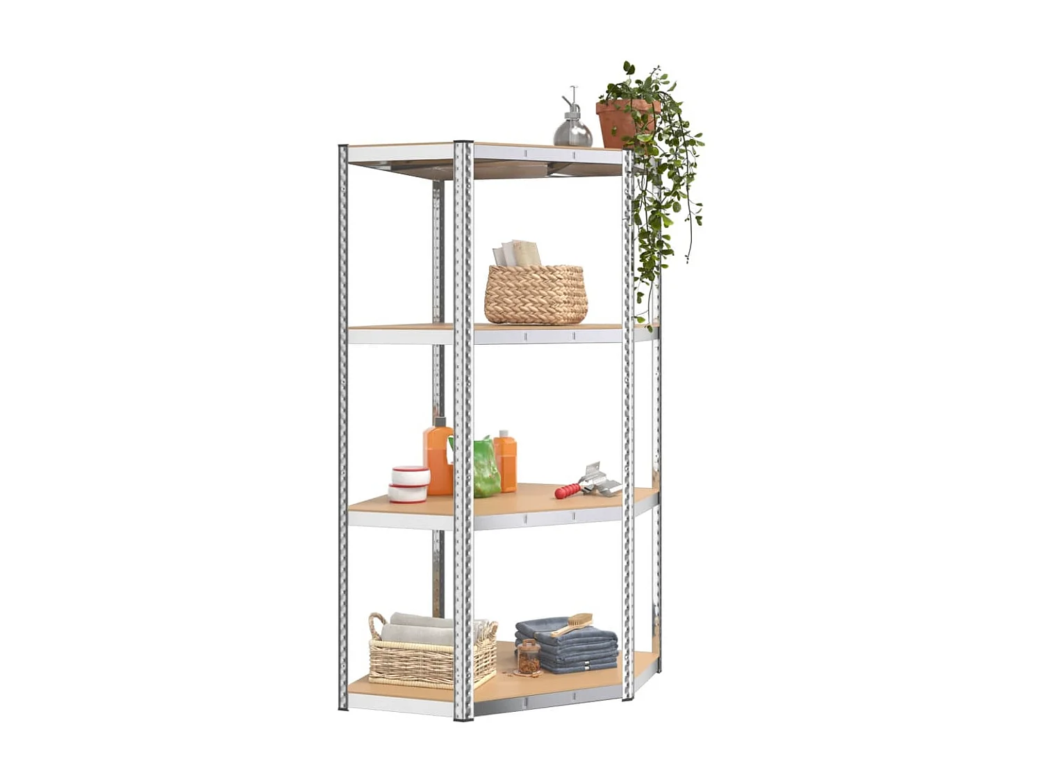 4-laags hoekplank zilverkleurig staal en bewerkt hout