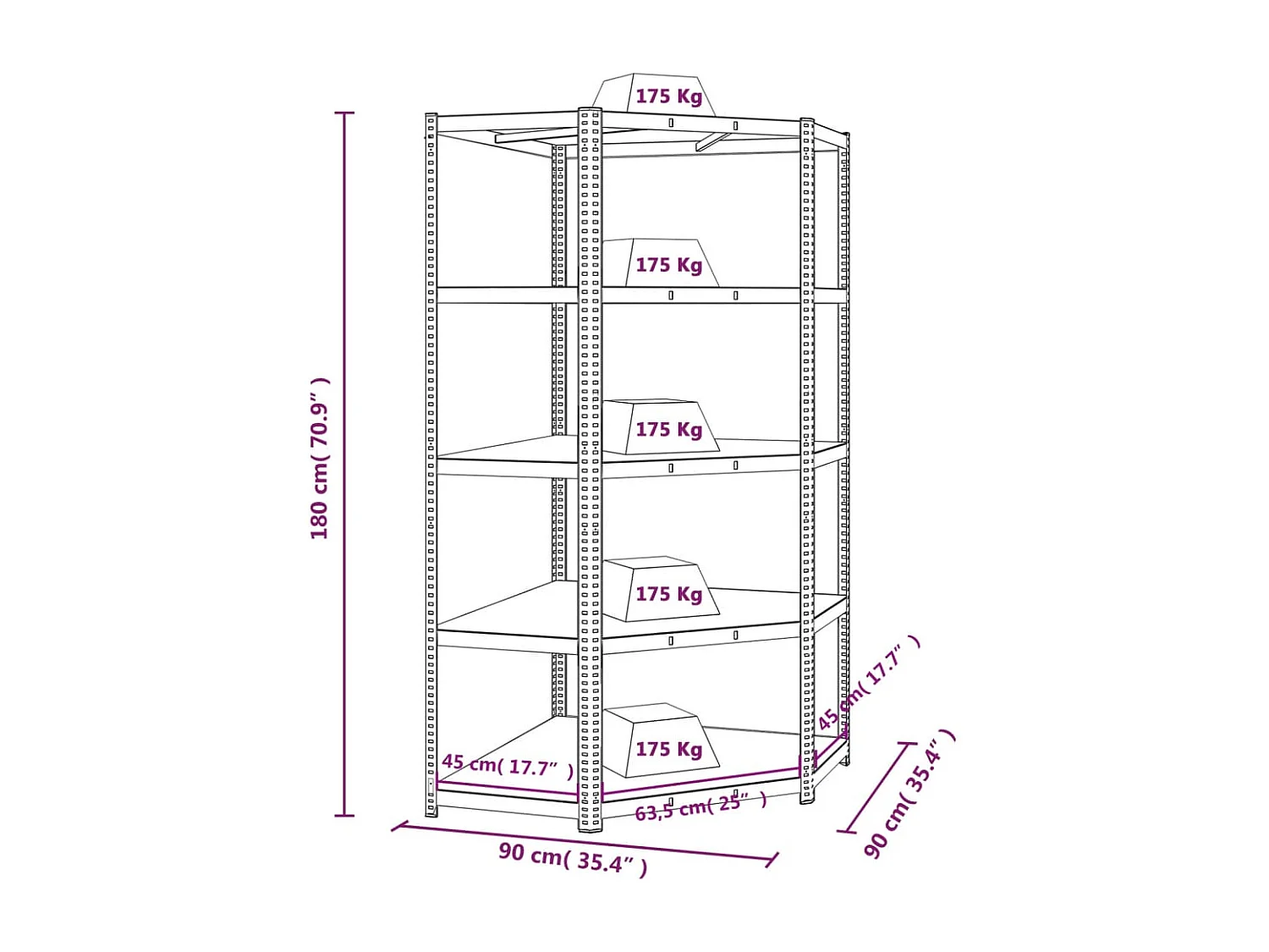 étagère d'angle 5 niveaux Argenté Acier et bois d'ingénierie